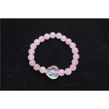 Rose Quartz 8MM Perles rondes Stretch Bracelet en pierres précieuses avec pendentif en forme de coeur en cristal